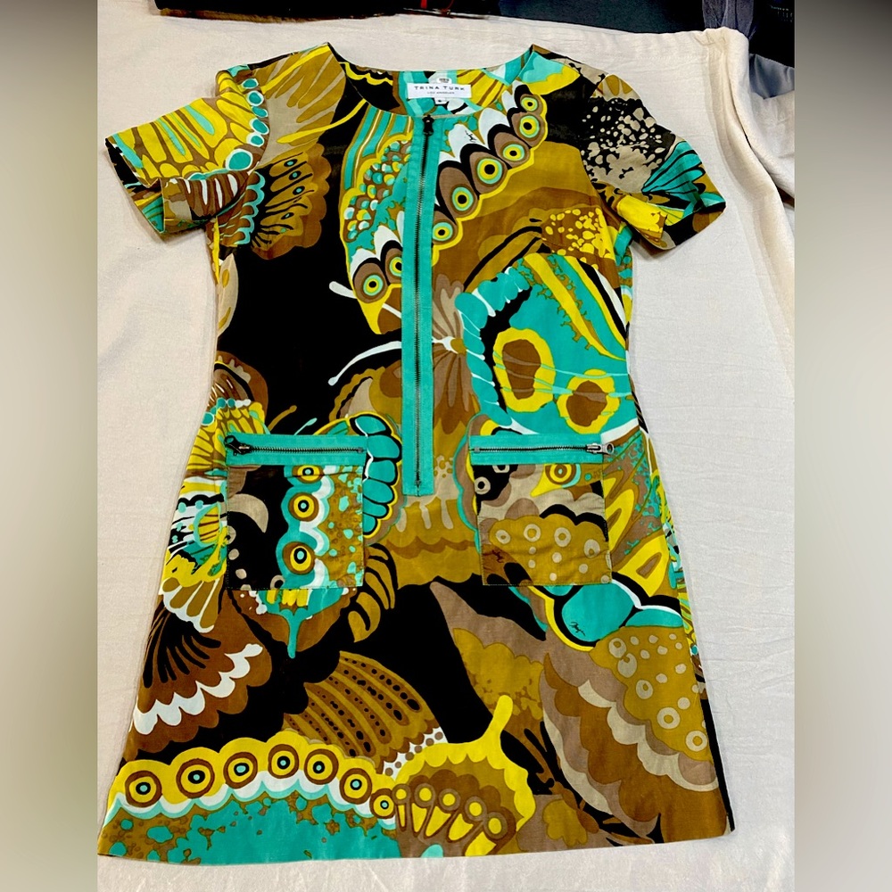Trina Turk Turquoise, Yellow & Brown Printed Mini Dress